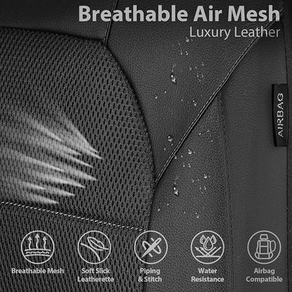 CAR PASS Leather and 3D Air Mesh Universal Fit Car Seat Covers, for Sedans,Trucks,Suvs,Airbag Compatible,Zipper Design and Reserved Opening Holes for Headrest(Full Set, Black and Black)