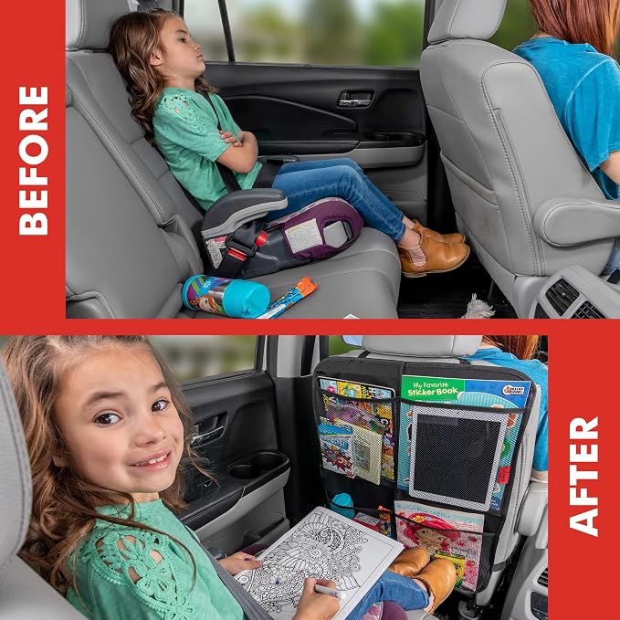 Lusso Gear Kick Mats (2 Pack) - Car Seat Back Protectors, Premium Waterproof Fabric, Reinforced Corners to Prevent Sag, and 4 Mesh Pockets for Large Storage (Gray)