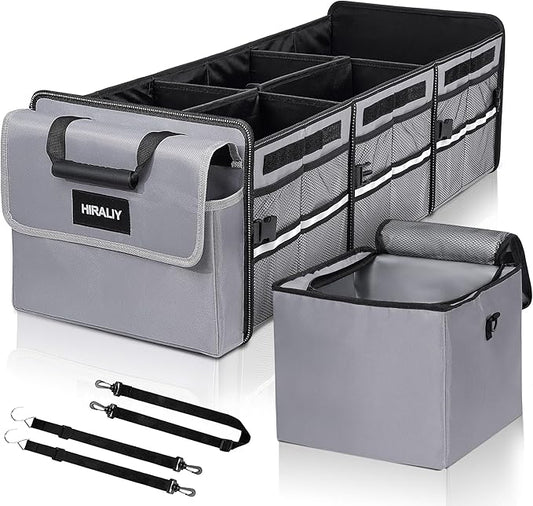HIRALIY 4 in 1 Car Trunk Storage Organizer with Leakproof Cooler Bag, Multi-Compartment Foldable Trunk Storage Box for Car Truck SUV Gray
