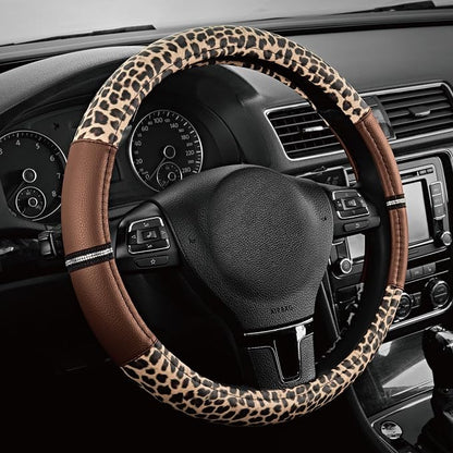 Road Comforts Leopard Steering Wheel Cover for Women, Cute Anti-Slip Microfiber Leather, Universal Fit 14.5-15 Inch Round Steering Wheel - Brown