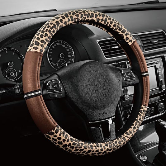 Road Comforts Leopard Steering Wheel Cover for Women, Cute Anti-Slip Microfiber Leather, Universal Fit 14.5-15 Inch Round Steering Wheel - Brown