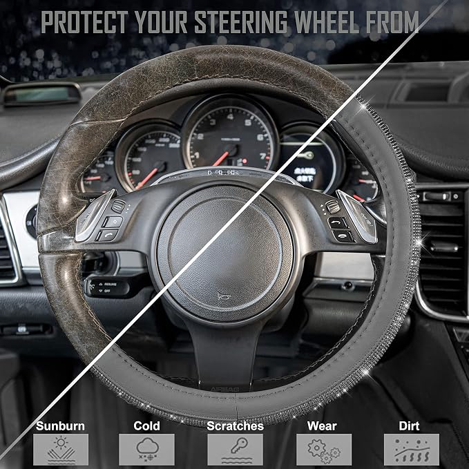 CAR PASS Bling Diamond Leather Steering Wheel Cover, with Bling Sparkly Crystal Glitter Rhinestones Universal Fit 14" 1/2-15" Car Wheel Protector for Women Girl Fit Suvs,Vans,Sedans,Cars,Trucks, Gray