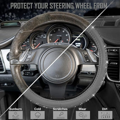 CAR PASS Bling Diamond Leather Steering Wheel Cover, with Bling Sparkly Crystal Glitter Rhinestones Universal Fit 14" 1/2-15" Car Wheel Protector for Women Girl Fit Suvs,Vans,Sedans,Cars,Trucks, Gray