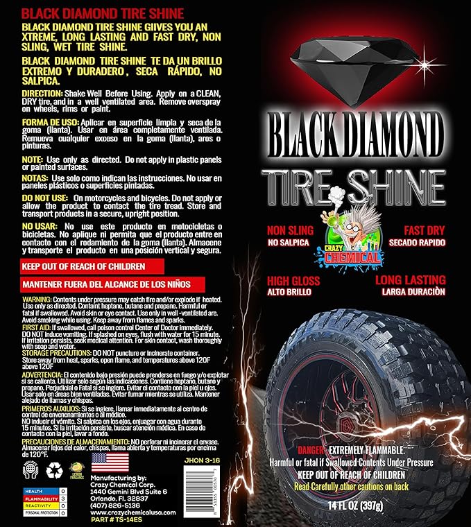 Black Diamond Aerosol Tire Shine Spray (12 Pack, 14 oz Each) - Extreme Wet Look Gloss, Long Lasting No-Sling Tire Dressing for Car Detailing, High Shine Rubber Protectant & Wheel Care