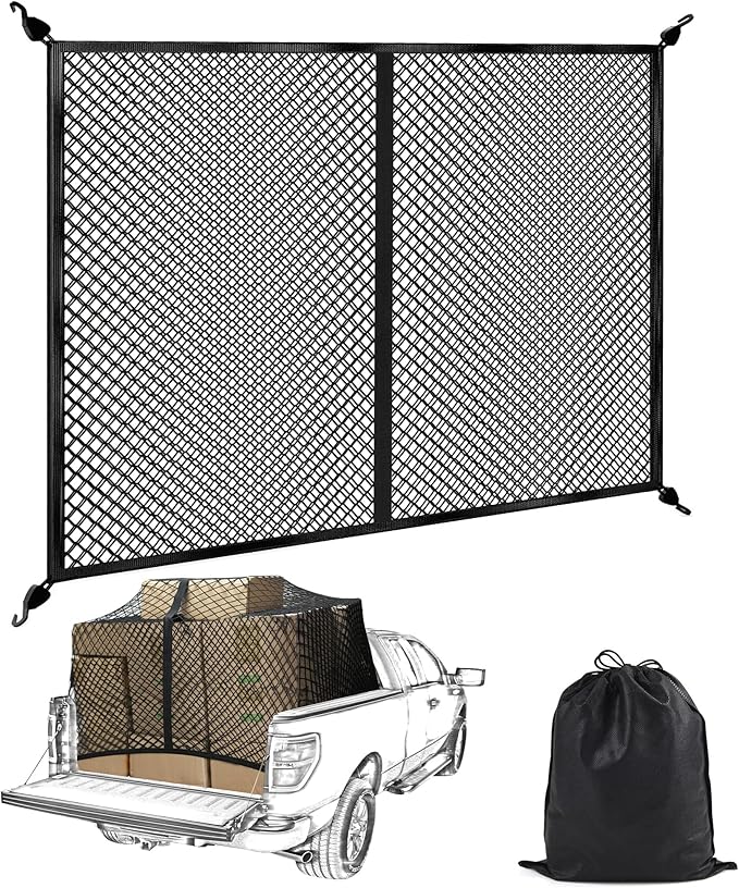 BUMBEE Truck Bed Cargo Net, Highly Elastic Double-Layered Stretchable up to 7ft x 7ft Small Mesh Durable Storage Organizer for Pickup Car Trunk SUV Boat