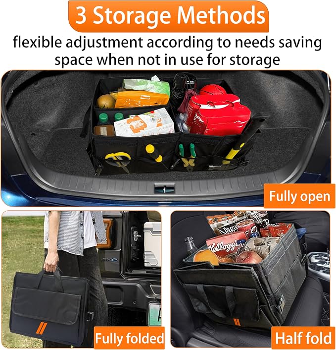 YOSRTER for Dodge Charger Durango Challenger Ram Car Trunk Organizer Collapsible Storage Box with Handle Foldable Lid Non Slip Bottom Sturdy Base Panel 2 Compartment Orange Trim