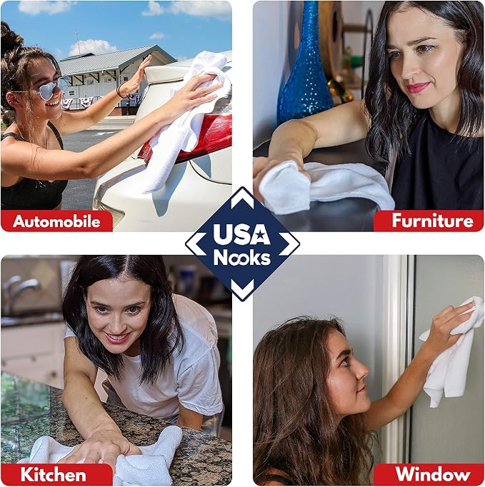 USANOOKS Microfiber Cleaning Cloth - White - 12Pcs (12.5x12.5 inch) High Performance - 1200 Washes, Ultra Absorbent Car Towel Traps Grime & Liquid for Streak-Free Mirror Shine - Car Washing Cloth