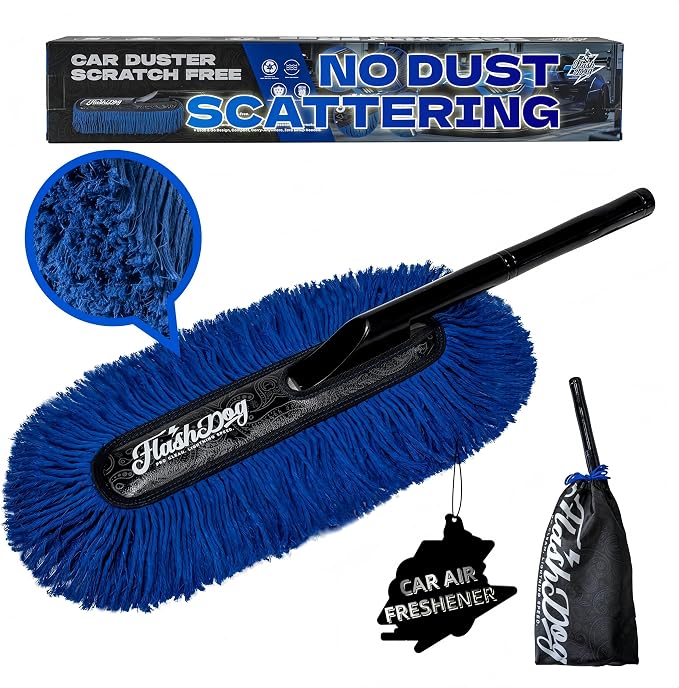 Flash Dog Car Duster Exterior – No Dust Scattering Auto Duster Brush with Classic Wood Handle, Wax-Treated Cotton Head, Scratch-Free, Reusable Dust Remover for Car, Truck, SUV