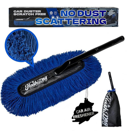 Flash Dog Car Duster Exterior – No Dust Scattering Auto Duster Brush with Classic Wood Handle, Wax-Treated Cotton Head, Scratch-Free, Reusable Dust Remover for Car, Truck, SUV