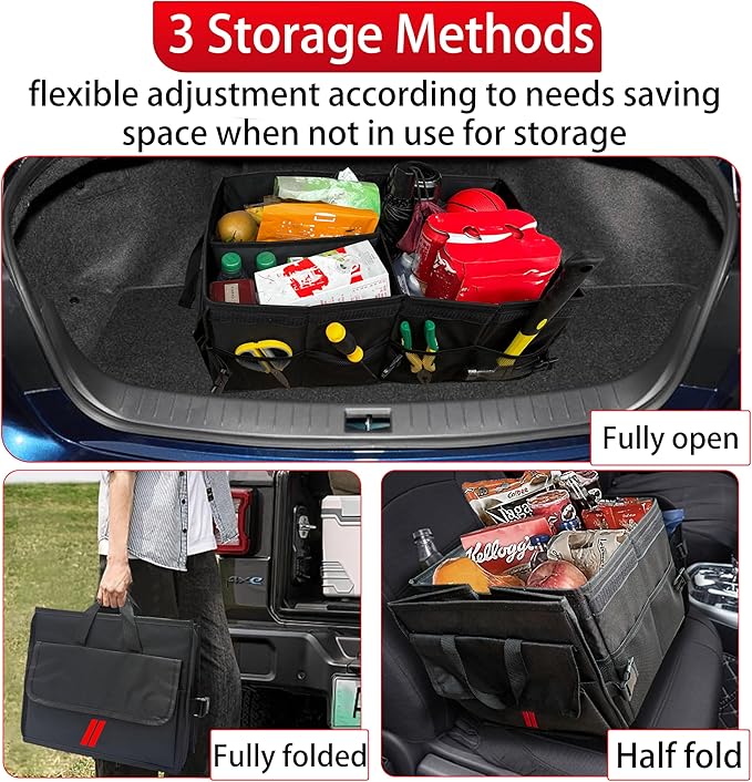 YOSRTER Car Trunk Organizer for Dodge Charger Durango Challenger Ram Collapsible Storage Box with Handle Foldable Lid Non Slip Bottom 2 Compartment Sturdy Base Panel for Dodge Accessories(Red Trim)