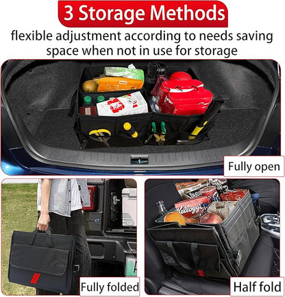 YOSRTER Car Trunk Organizer for Dodge Charger Durango Challenger Ram Collapsible Storage Box with Handle Foldable Lid Non Slip Bottom 2 Compartment Sturdy Base Panel for Dodge Accessories(Red Trim)