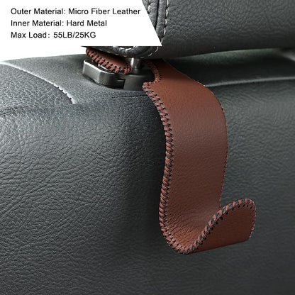 Amooca Car Seat Headrest Hook 4 Pack Metal Core Hanger Universal Car Storage Organizer for Handbag Purse Coat S Type Leather Brown