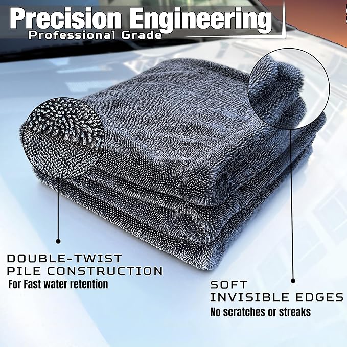XL Car Drying Towel, 1300 GSM Professional Car Towel with Double Twisted Loop, Car Drying Towels Extra Large Super Absorbent, Microfiber Drying Towels for Cars, Trucks, SUVs - 40"x24", Gray