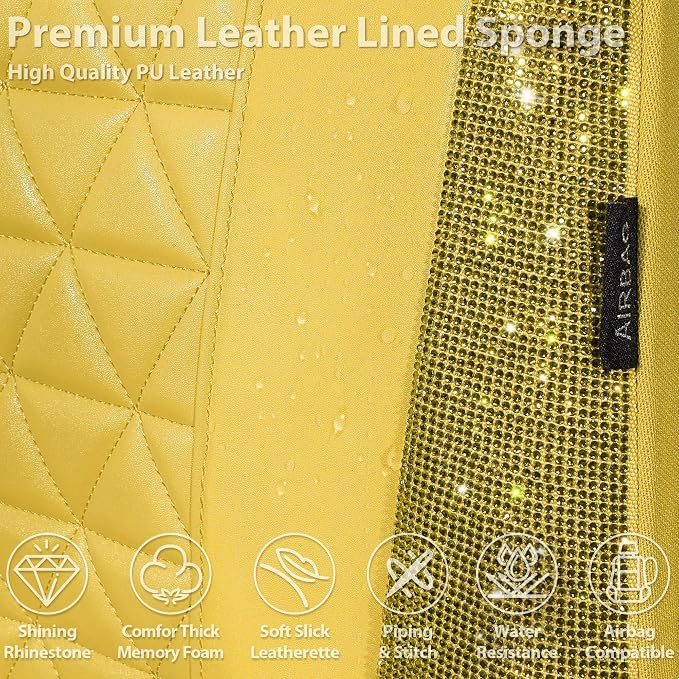 CAR PASS Yellow Bling Diamond Leather Car Seat Cover Full Sets,Waterproof Shining Glitter Sparkly Crystal Universal Fit for Automotive Truck SUV Cute Women Girl Airbag Compatable,All Yellow Rhinestone