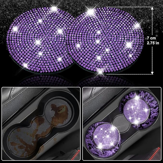 CAR PASS 11PCS Bling Purple Car Steering Wheel Cover Set for Women, Sparkly Rhinestone Diamond Bling Seat Belt Cushion, Glitter Shift Knob Cover, Car Cup Holder Coaster, Interior Sets Violet 14.5"-15"