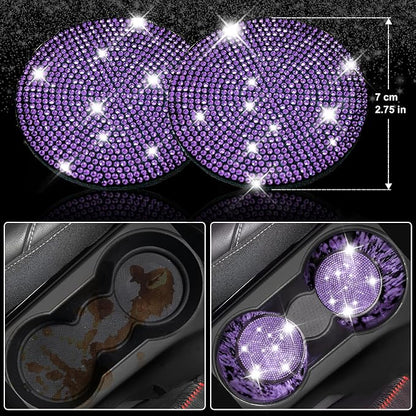 CAR PASS 11PCS Bling Purple Car Steering Wheel Cover Set for Women, Sparkly Rhinestone Diamond Bling Seat Belt Cushion, Glitter Shift Knob Cover, Car Cup Holder Coaster, Interior Sets Violet 14.5"-15"