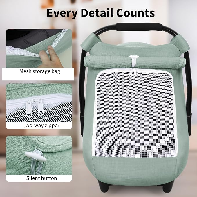 Rquite Car Seat Cover Baby, Carseat Covers Girl Boy, Breathable Muslin Cotton, Large Mesh Window, Infant Car Seat Canopy Baby Carrier Cover Stroller Sun Shade for Summer & Hot Day, Green