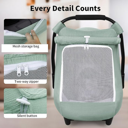 Rquite Car Seat Cover Baby, Carseat Covers Girl Boy, Breathable Muslin Cotton, Large Mesh Window, Infant Car Seat Canopy Baby Carrier Cover Stroller Sun Shade for Summer & Hot Day, Green