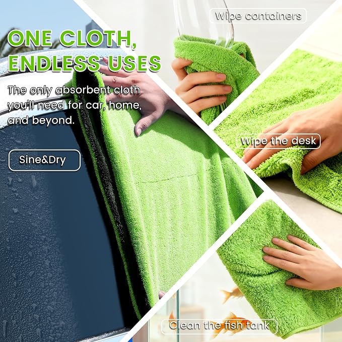 PUGPIU Car Drying Towel - 1400GSM Extra Large Super Absorbent Microfiber Towels for Cars 24"x36" - Large Edgeless with Twisted Loop, Lint-Free & Streak-Free for Auto Detailing, SUV, Truck (Green)