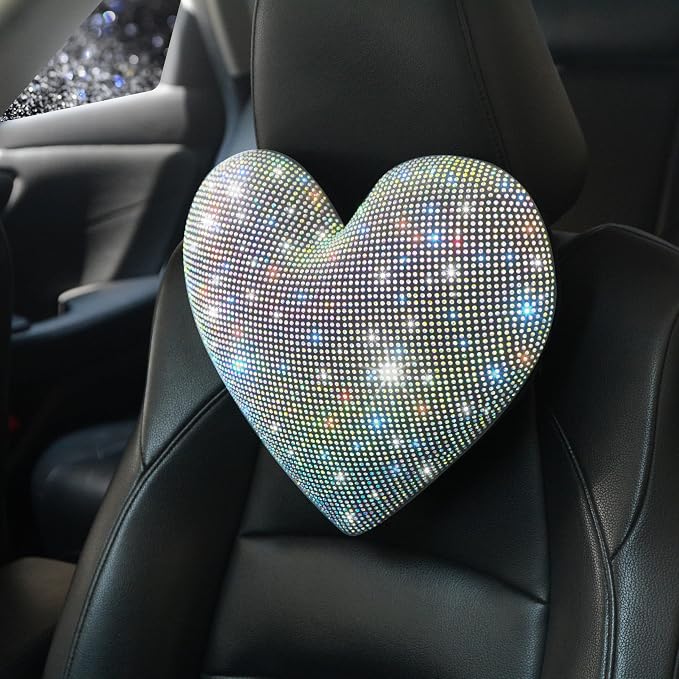 Bling Bling Rhinestones Car Seat Pillow for Driver Automotive Accessories for Women Ladies and Girls Auto Seat Headrest Cushion with Bling Rhinestone Colorful 2 Pieces