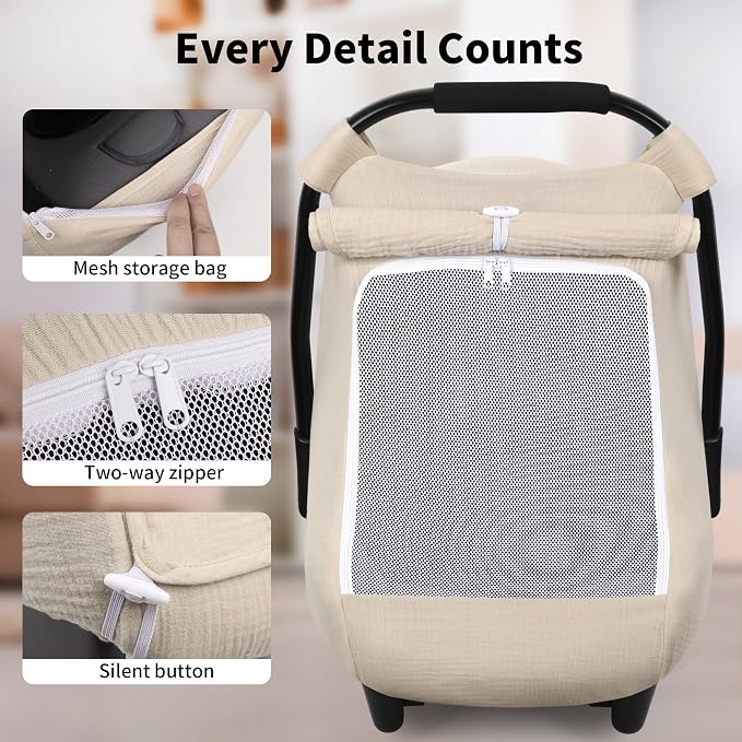 Rquite Car Seat Cover Baby, Carseat Covers Girl Boy, Breathable Muslin Cotton, Large Mesh Window, Infant Car Seat Canopy Baby Carrier Cover Stroller Sun Shade for Summer & Hot Day, Beige