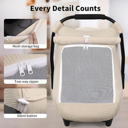 Rquite Car Seat Cover Baby, Carseat Covers Girl Boy, Breathable Muslin Cotton, Large Mesh Window, Infant Car Seat Canopy Baby Carrier Cover Stroller Sun Shade for Summer & Hot Day, Beige
