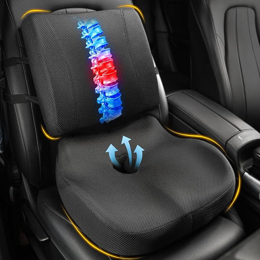 Allaboutsla Seat Cushion & Lumbar Support Pillow Set: Ergonomic Memory Foam Seat Cushion and Back Support for Pain Relief, Butt Cushions and Lumbar Pillow for Car, Office Chair, Gaming - Black