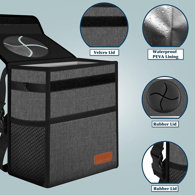 Leak Proof Car Trash Bag Waterproof Garbage Can with Lid for SUV Front Seat Multipurpose Car Hanging for Headrest Collapsible and Portable with Storage Mesh Pocket, Charcoal Gray