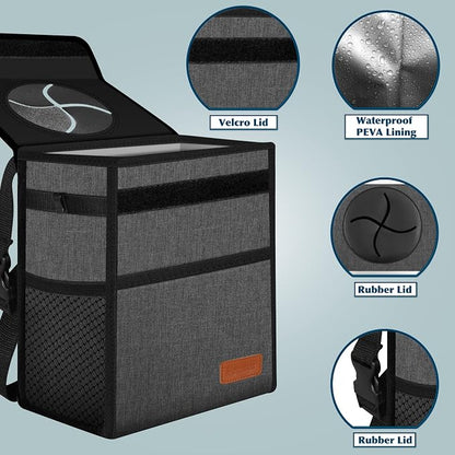 Leak Proof Car Trash Bag Waterproof Garbage Can with Lid for SUV Front Seat Multipurpose Car Hanging for Headrest Collapsible and Portable with Storage Mesh Pocket, Charcoal Gray