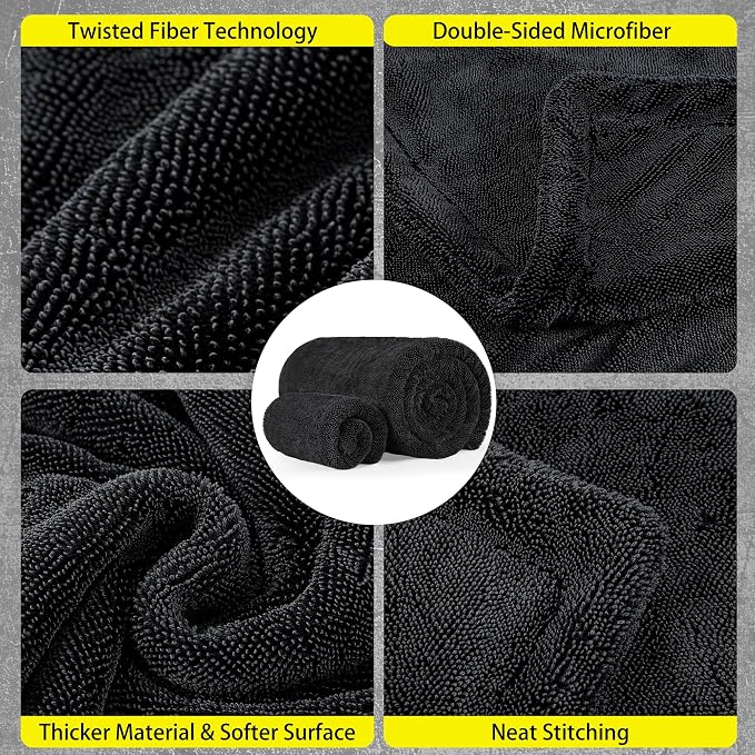 Aodaer 2 Pack Car Drying Towel, 1200GSM Microfiber Towels for Cars | 24 x 48 Inch & 12 x 12 Inch Super Absorbent Detailing Towels Dual Sided Streak-Free Twisted Loop for Auto SUV Truck Boat Home