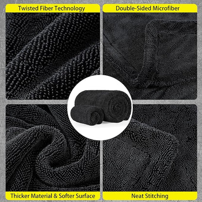 Aodaer 2 Pack Car Drying Towel, 1200GSM Microfiber Towels for Cars | 24 x 48 Inch & 12 x 12 Inch Super Absorbent Detailing Towels Dual Sided Streak-Free Twisted Loop for Auto SUV Truck Boat Home