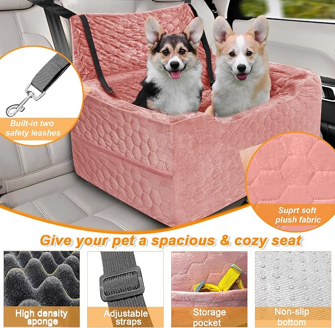 Dog Car Seat for Medium/Large Dog Booster Seat Under 60 lbs or 2 Small Dogs, Multi-Functional Pet Car Seat with Thick Cushion, 2 Safety Leashes (Pink)