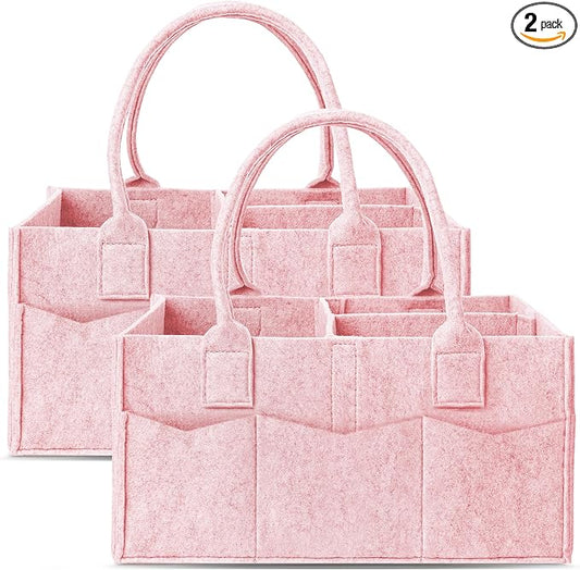 Cute Castle 2 Pack Diaper Caddy Organizer - Portable Baby Caddy Organizer with Handle, Nursery Storage Bin and Car Organizer for Girls, Boys - Baby Gift Basket - Pink, Large