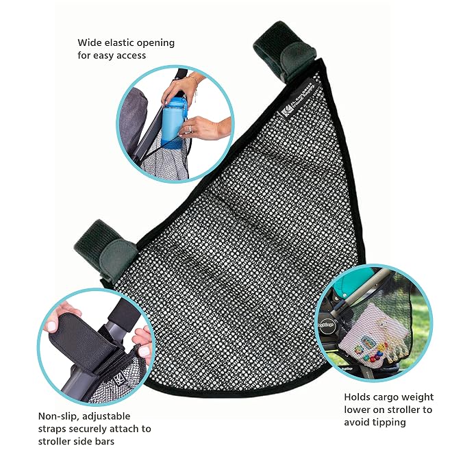 J.L. Childress Side Sling Cargo Net - Stroller Organizer Attachment for Storage, Mesh Bag for Baby Accessories, Universal Fit, Non-Slip and Adjustable Straps - Black