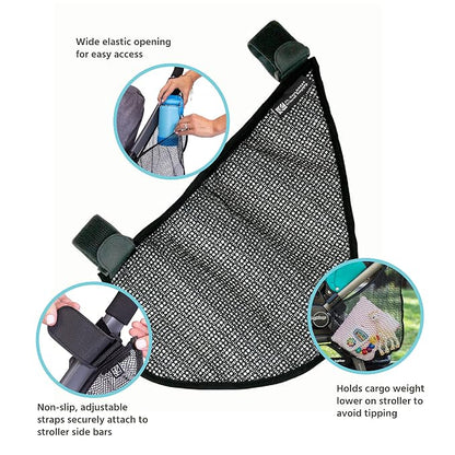 J.L. Childress Side Sling Cargo Net - Stroller Organizer Attachment for Storage, Mesh Bag for Baby Accessories, Universal Fit, Non-Slip and Adjustable Straps - Black