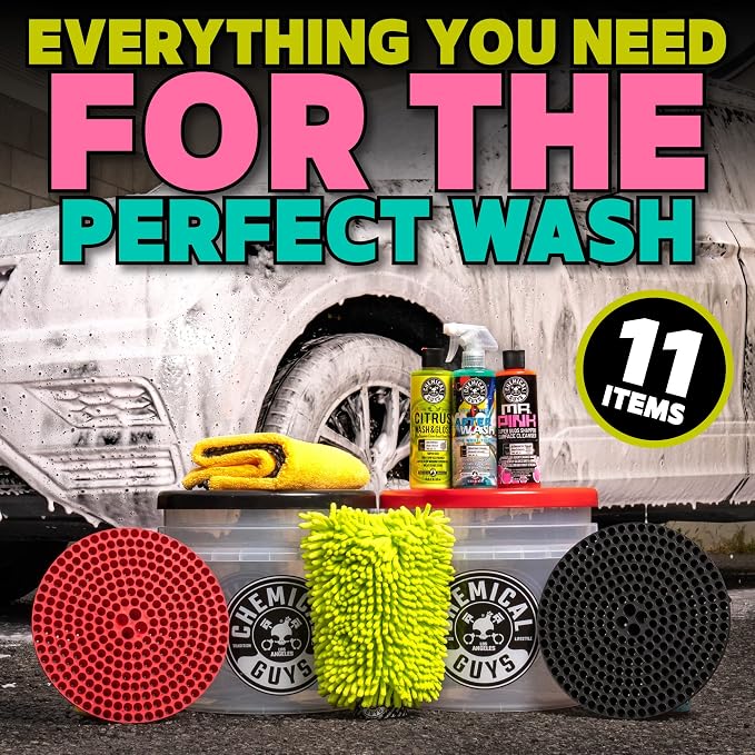 Chemical Guys Two Car Wash Bucket Kit with Dual Dirt Trap Filters, Chenille Wash Mitt, Mr. Pink, Citrus Wash, After Wash, and Drying Towel - 11 Items - Two Bucket Method Complete Setup