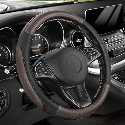 SEG Direct Steering Wheel Cover for Car, Standard Size 14.5-15 inch, Auto Interior Accessories, Black and Dark Brown
