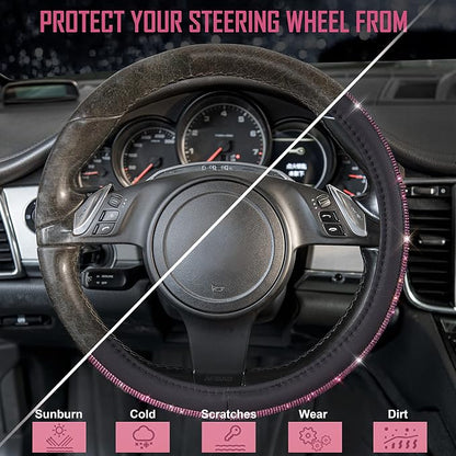 CAR PASS Bling Diamond Leather Steering Wheel Cover, Bling Sparkly Crystal Glitter Rhinestones Universal Fit 14" 1/2-15" Car Wheel Protect for Women Girl Fit Suvs,Vans,Sedans,Cars,Trucks, Pink Black