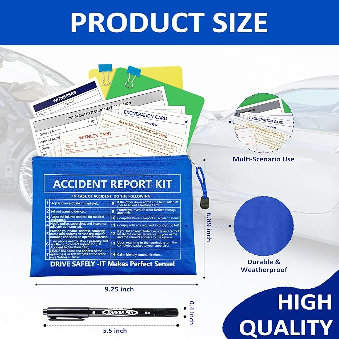 10 Pack Waterproof Vehicle Accident Report Kit Vinyl Pouch 6.9x9.3 inch Car Accident Kit Driver's Vehicle Inspection Report For Drivers Collect Organize and Report Vehicle Accident (10, Blue)