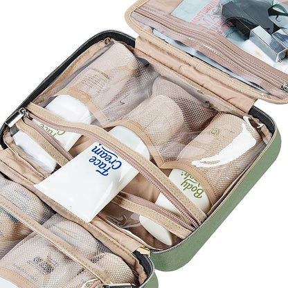 NISHEL Travel Toiletry Bag for women, Portable Hanging Organizer for Travel-Sized Shampoo, Conditioner, Brushes Set, Makeup Accessories, Medium Size, Purple, Bronze Green