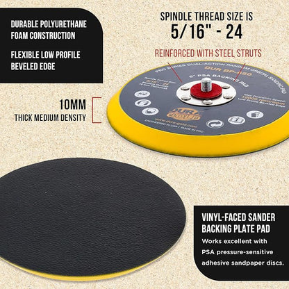 Dura-Gold Pro Series 6" PSA DA Sander Backing Plate Pad - Flexible Low Profile Edge, Dual-Action Random Orbital Sanding Pad, Vinyl Faced For Self-Adhesive Stickyback Sandpaper Discs - Auto Woodworking