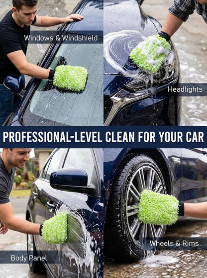 TAKAVU Car Wash Mitt Scratch Free, 2 Pack Microfiber Wash Mitts for Auto Detailing, Soft Lint Free Cleaning Gloves, Holds Sudsy Water, Machine Washable (Green & White)