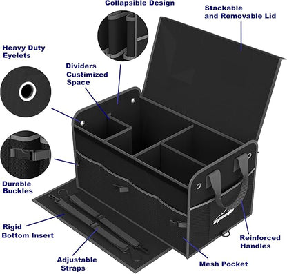 EPAuto Car Trunk Organizer with Adjustable Multi Compartment, Removal Lid and Securing Straps, Black