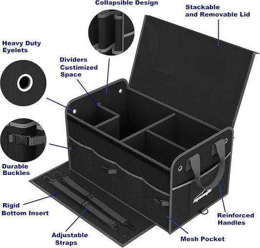 EPAuto Car Trunk Organizer with Adjustable Multi Compartment, Removal Lid and Securing Straps, Black