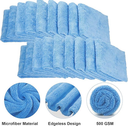Shimeyao 30 Pcs 16 × 16 Inch Microfiber Towels for Cars, 500 GSM Edgeless Plush Car Detailing Towel, Lint Free Scratch Free Cleaning Cloths for Drying, Washing, Polishing, Waxing, Home (Light Blue)