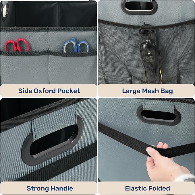 YSSOA Car Trunk Organizer with Lid, Collapsible 2 Compartment Automotive Storage Box, 600D Waterproof Oxford Polyester 50L Travel Accessories, Anti-slip & Leak-proof, Grey-Green