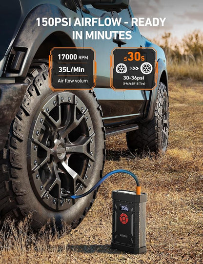 AstroAl A30 Jump Starter with Air Compressor, 4000A &150PSI Portable Car Battery Jump Starter (10.0 Gas/8.0LDiesel) with Tire Inflator, 12V Battery Charger, 18W Quick Charge, Jumper Cables, Lights