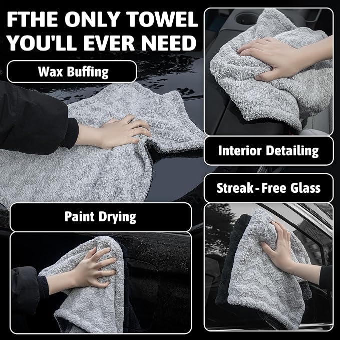 Greenfound 1000GSM Car Drying Towel 18"x24", Edgeless Double Twist Pile, Ultra Absorbent Microfiber Towel, Scratch-Free Lint-Free Streak-Free for Auto Detailing & Car Wash – Wave Silver&Grey