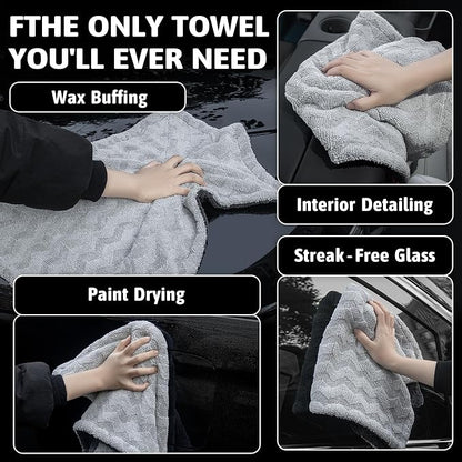 Greenfound 1000GSM Car Drying Towel 18"x24", Edgeless Double Twist Pile, Ultra Absorbent Microfiber Towel, Scratch-Free Lint-Free Streak-Free for Auto Detailing & Car Wash – Wave Silver&Grey