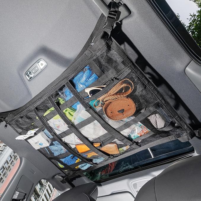 Car Ceiling Cargo Net with 3 Pockets,31.5"x21.6" Car Overhead Storage Mesh Organizer,Double Layer Roof Mesh Camping Overlanding Gear Must Haves Cargo Net,Road Trip Essentials (31.5"x 21.6")